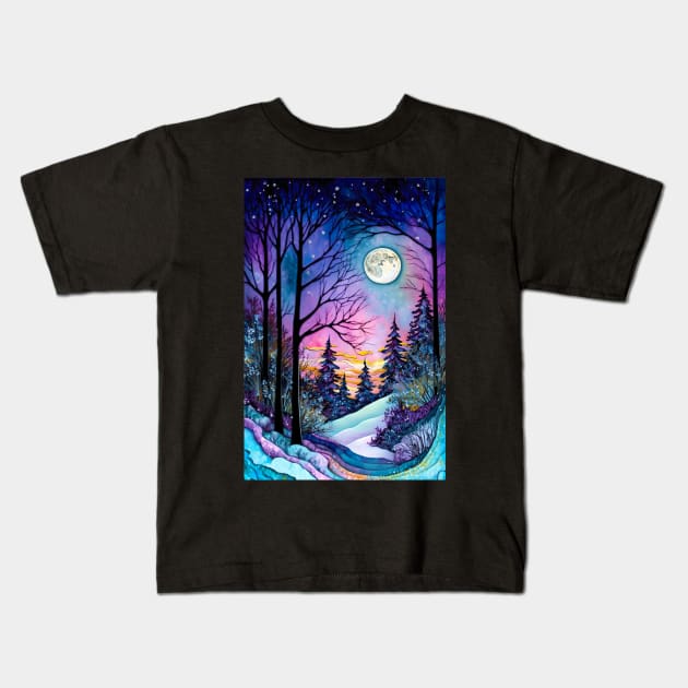 Colorful psychedelic winter wonderland with vibrant fluorescent colors Kids T-Shirt by UmagineArts